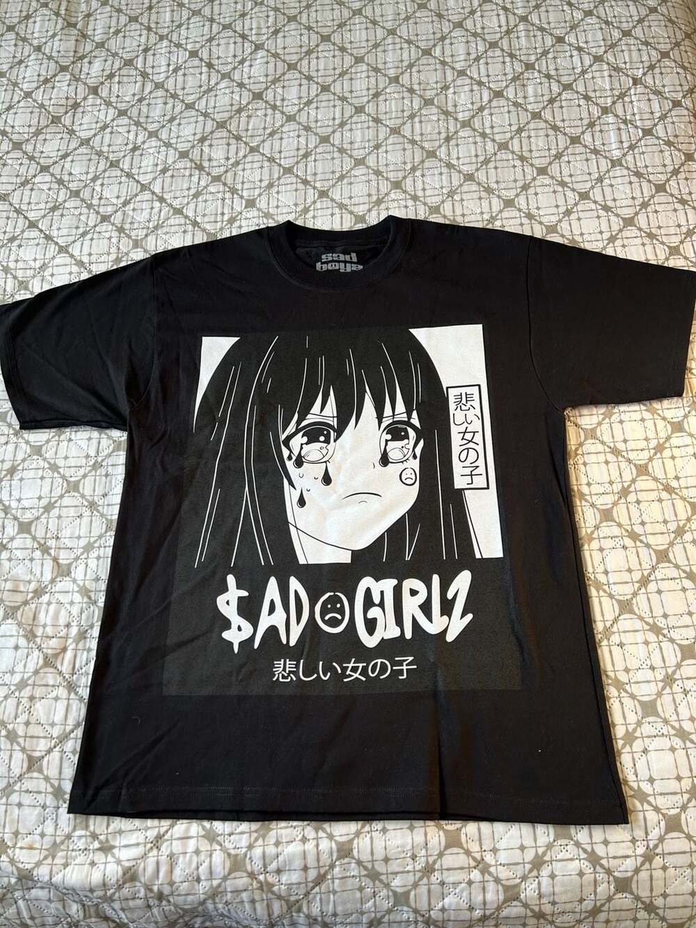 Sad Boyz Sad Girlz Anime Graphic T-Shirt Black Size Medium
